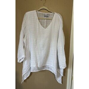 La FixSun Linen Gauze Tunic Womens White Blouse Lagenlook 2X/3X Waffle Hem